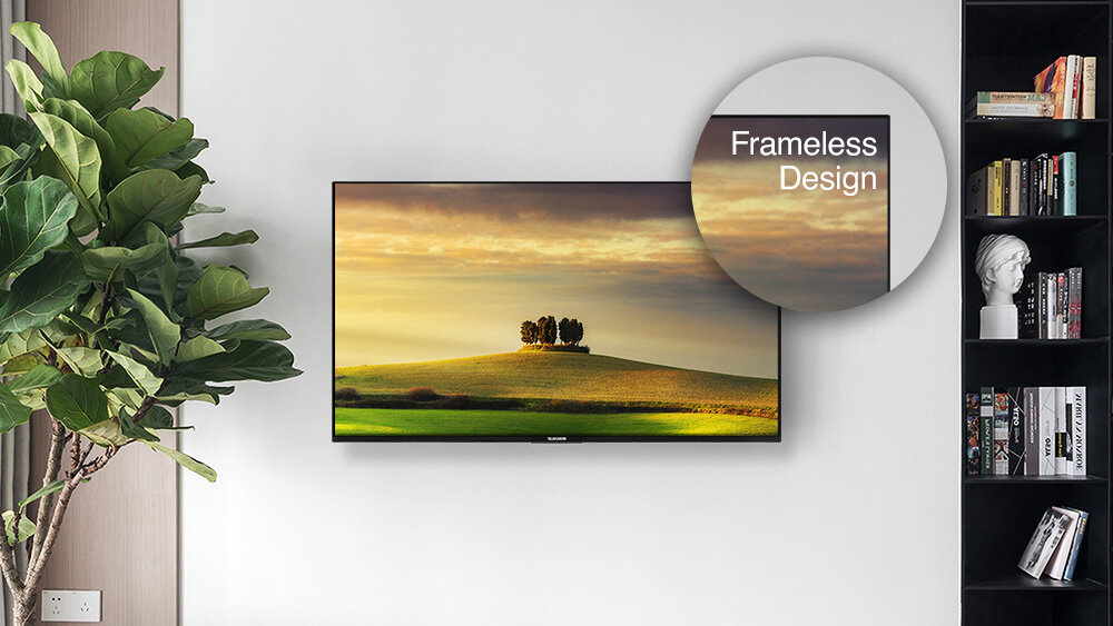 Telewizor TELEFUNKEN TFL-55AEU2000 - Smukła ramka, stylowy wygląd, Czarny kolor obudowy, telewizor stojący na komodzie w salonie, kadr na ramkę telewizora