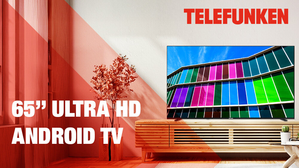 Telewizor TELEFUNKEN TFL-65AEU2000 - Jakość obrazu 4K UHD, telewizor stojący na komodzie w salonie