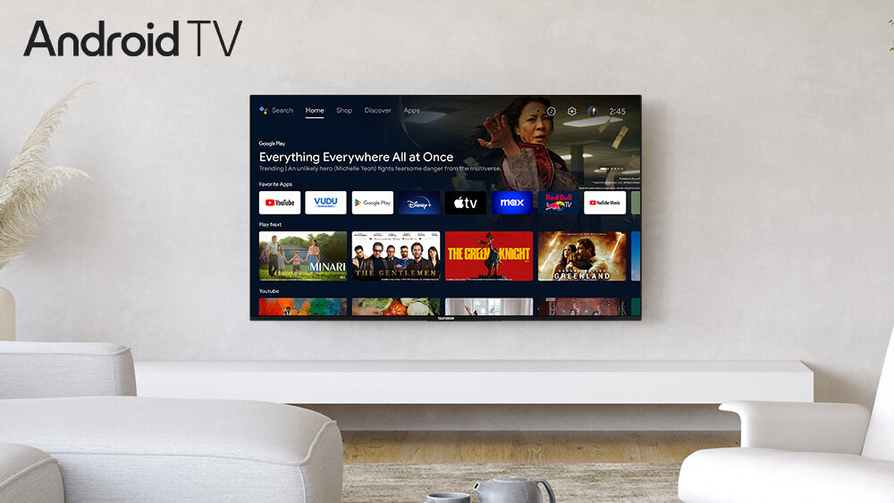 Telewizor TELEFUNKEN TFL-65AEU2000 - Oglądaj, co chcesz, z Android TV, platformy streamingowe, telewizor zawieszony na ścianie w salonie
