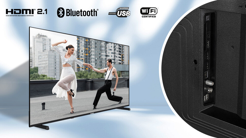 Telewizor TELEFUNKEN TFL-65AEU2000 - Praktyczne złącza i łączność, trzy złącza HDMI 2.1, Dwa gniazda USB-A, Wi-Fi, Bluetooth, telewizor pod skosem wyświetlający tańczącą parę