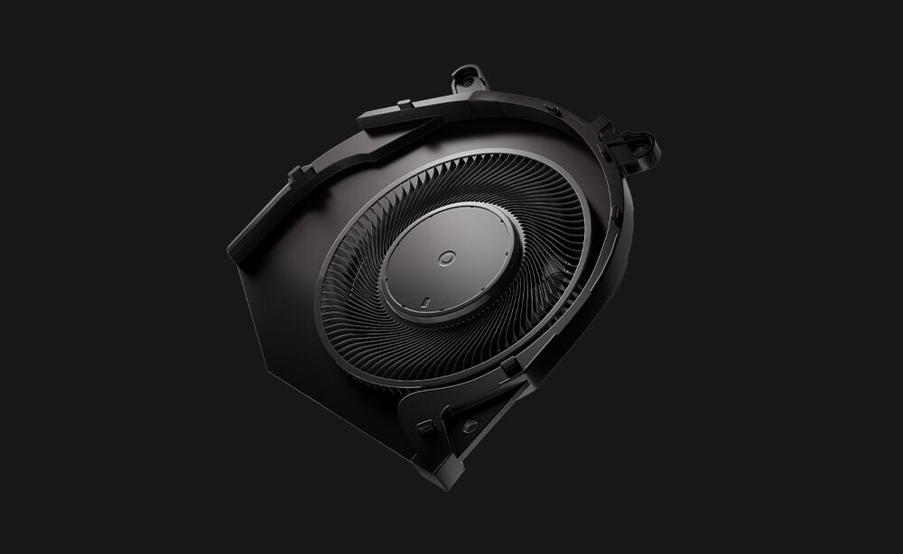 Pojedynczy wentylator systemu chłodzenia laptopa ASUS ProArt P16 z radialną konstrukcją łopatek na czarnym tle - Ambient Cooling