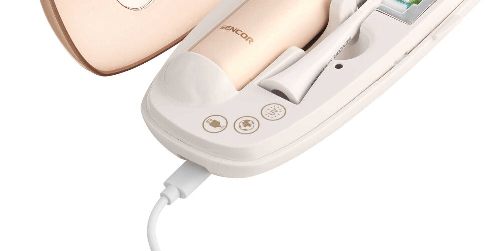 Szczoteczka soniczna SENCOR SOC 4111GD Złoty 45 dni na jednym ładowaniu skuteczne i wygodne czyszczenie zębów 5 gotowych trybów czyszczenia czytelny wskaźnik LED  informacja wodoodporność zgodna z normą IPX7 ładoweanie szklanka