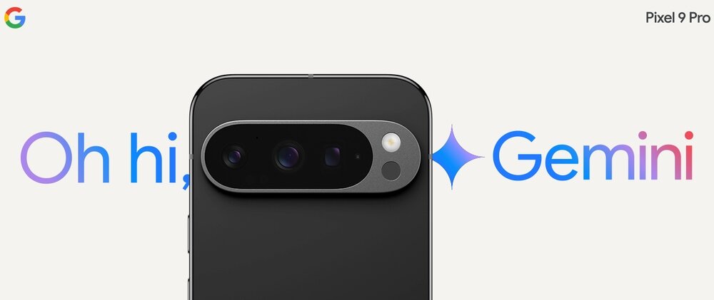 Na obrazie widoczny jest tył czarnego smartfona z trzema obiektywami aparatu. W tle znajduje się tekst: \'Oh hi, Gemini\', a w rogu logo \'G\' oraz napis \'Pixel 9 Pro\'.