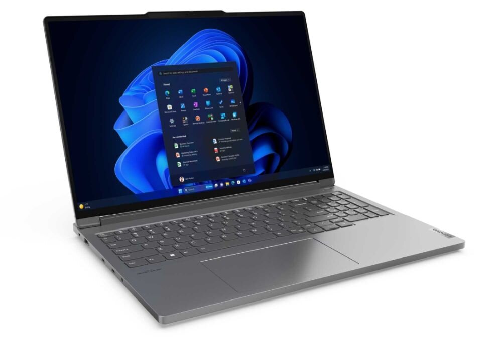 Laptop Lenovo ThinkBook 16p G6 ADR z systemem Windows 11 Pro, widok z lewej strony, prezentujący ekran startowy i smukłą aluminiową obudowę w kolorze Luna Grey - Kompleksowa ochrona ThinkShield, fTPM 2.0, Windows Hello