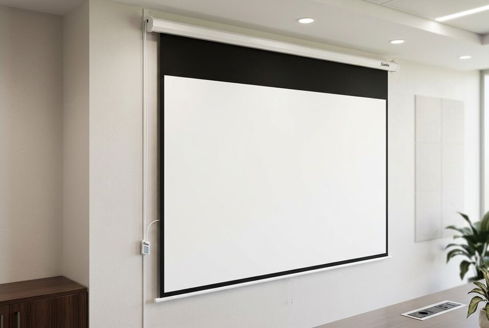 SILELIS ESE-2 183x244 - Rozwinięty ekran projekcyjny zamontowany na ścianie w sali konferencyjnej