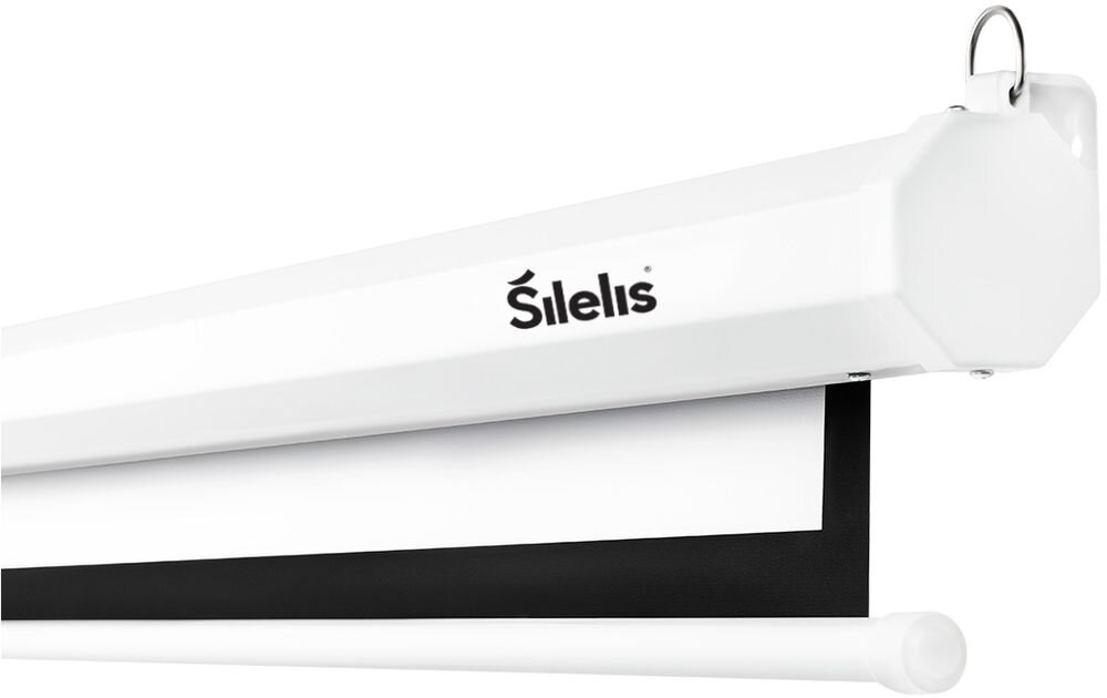 SILELIS ESE-2 183x244 Ekran zwijany do kasety na ścianie lub suficie instalacji stacjonarnej - Zbliżenie na kasętę i mechanizm mocowania elektrycznie rozwijanego ekranu projekcyjnego