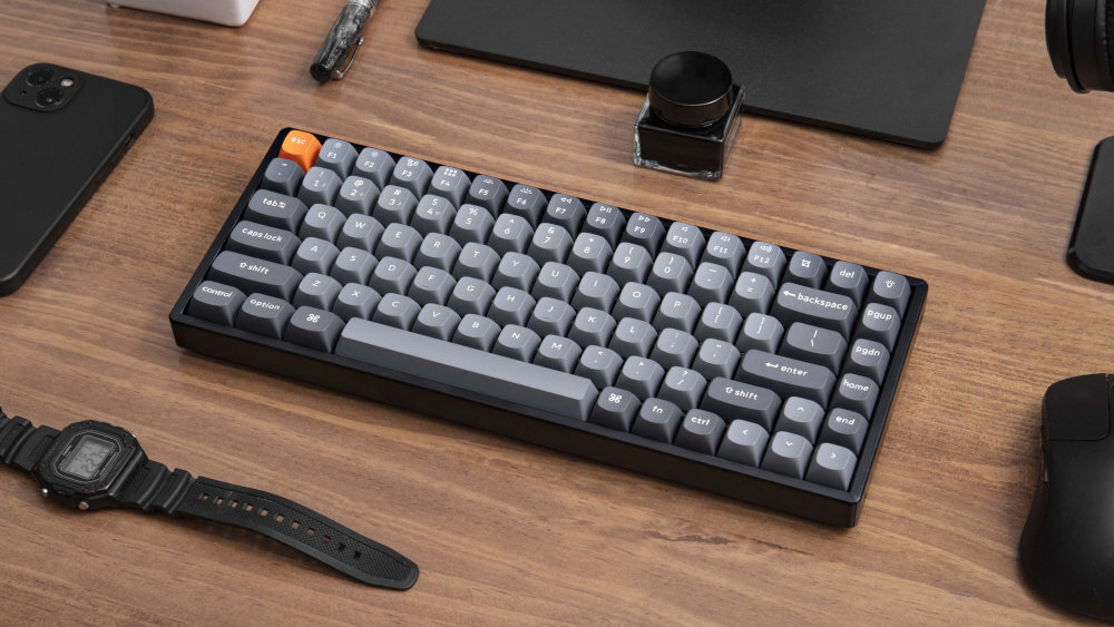 KEYCHRON K2 Max pianki akustyczne IXPE, PET i EPDM Stalowa płyta montażowa śrubowe stabilizatory PCB przełączniki Keychron Super Banana keycapy double-shot PBT profilu OSA trójstopniowa regulacja nachylenia (5°, 9°, 12°)