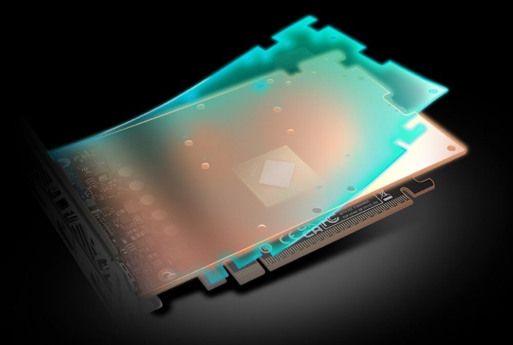 Karta graficzna SAPPHIRE Radeon RX 9060 XT OC 16GB Zbliżenie na wewnętrzną strukturę karty graficznej z efektem wizualnym pokazującym rozchodzenie się ciepła przez miedzianą płytkę, cyfrowe zasilanie, płytka PCB