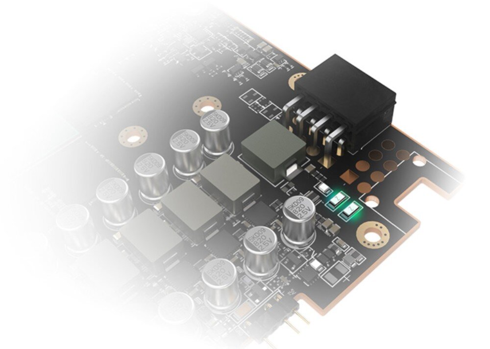Karta graficzna SAPPHIRE Nitro+ Radeon RX 9060 XT 16GB Fragment płytki drukowanej z widocznymi kondensatorami i złączem zasilania PCIe, rozjaśniony w stylu technicznego szkicu, zasilanie, bezpieczniki