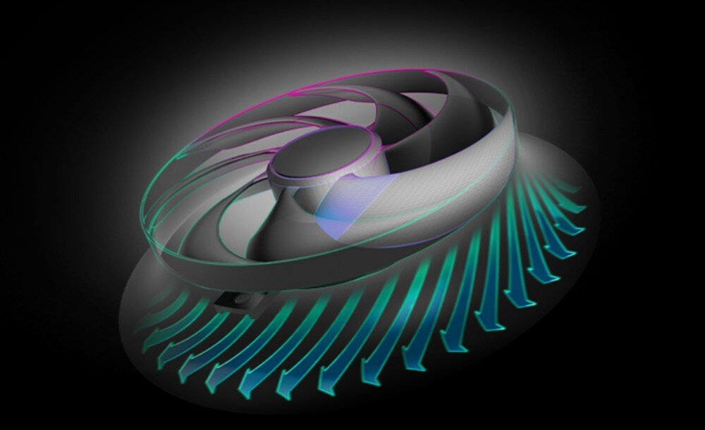 Karta graficzna SAPPHIRE Nitro+ Radeon RX 9060 XT 16GB Ilustracja przezroczystego wentylatora z zaznaczonym przepływem powietrza w dół, pokazująca kierunek chłodzenia, łopatki, głośność, łożyska, żywotność