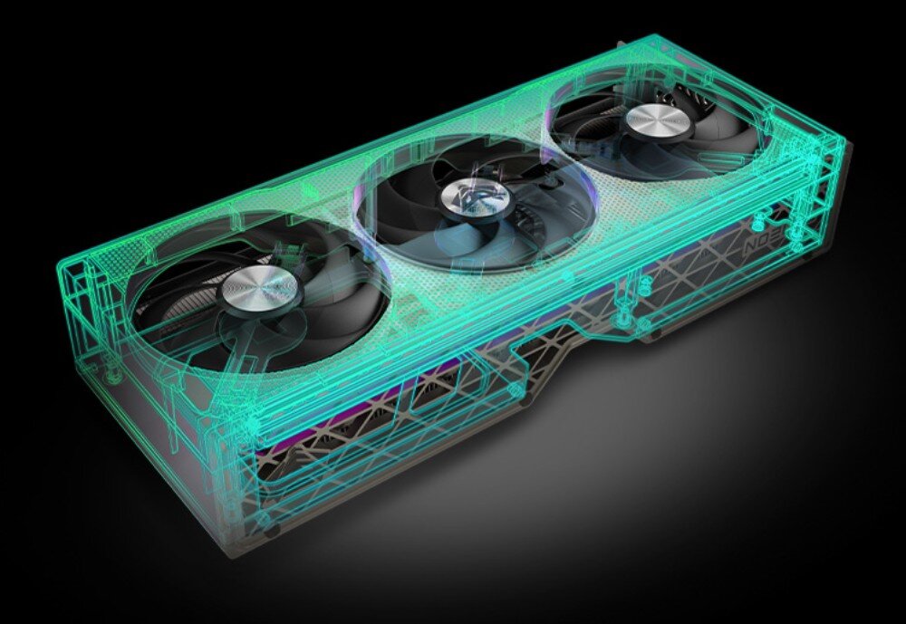 Karta graficzna SAPPHIRE Nitro+ Radeon RX 9060 XT 16GB Przezroczysty render karty graficznej pokazujący wewnętrzną konstrukcję z trzema wentylatorami, budowa, wytrzymałość, wspornik