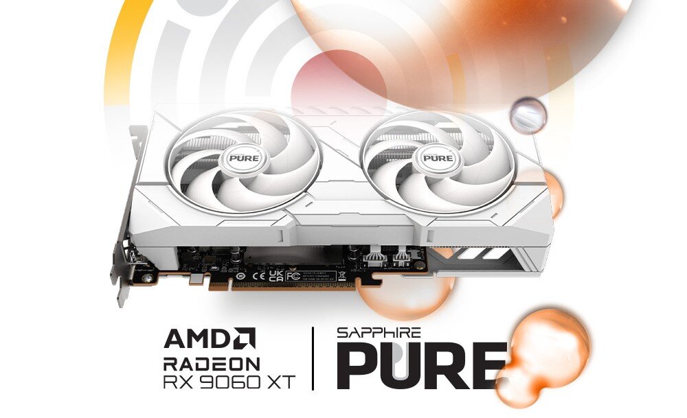 Karta graficzna SAPPHIRE Radeon RX 9060 XT Pure 16GB Biała karta graficzna z dwoma dużymi wentylatorami, umieszczona na tle z pomarańczowymi i czerwonymi świetlnymi okręgami, z widocznym napisem 'PURE' na wentylatorach oraz logotypami AMD i SAPPHIRE pod spodem, opis