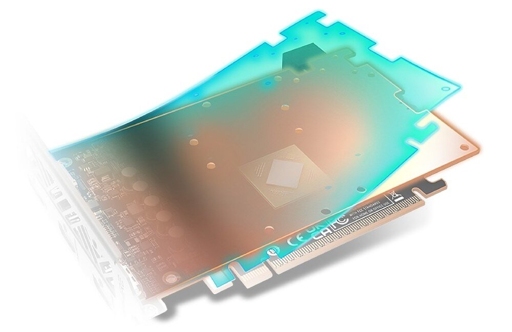 Karta graficzna SAPPHIRE Radeon RX 9060 XT Pure 16GB Przezroczysty widok na płytkę PCB karty graficznej z podświetlonym miedzianym elementem chłodzącym i metalową osłoną termiczną w górnej części, pcb, cyfrowe zasilanie