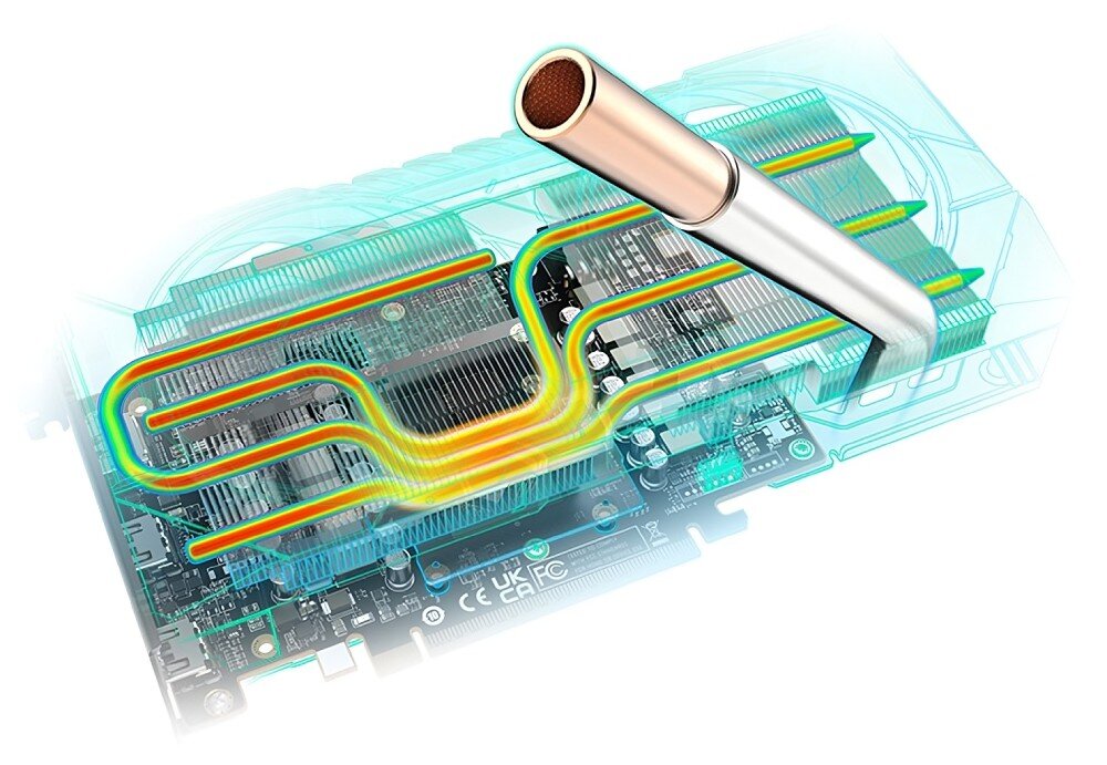 Karta graficzna SAPPHIRE Radeon RX 9060 XT Pure 16GB Schematyczna ilustracja rurki cieplnej w przekroju, przez którą przepływa ciepło nad elementami elektronicznymi wewnątrz karty graficznej, moduł chłodzący, ciepłowody, pasta termoprzewodząca