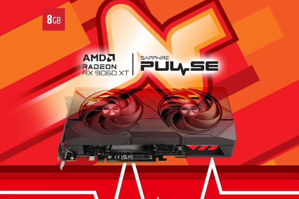 Karta graficzna SAPPHIRE Radeon RX 9060 XT OC 8GB Karta graficzna z dwoma wentylatorami na tle w odcieniach czerwieni i pomarańczu, z napisem 'AMD Radeon RX 9060 XT' oraz 'Sapphire Pulse'. W prawym górnym rogu widoczna ikonka z oznaczeniem '8 GB', opis