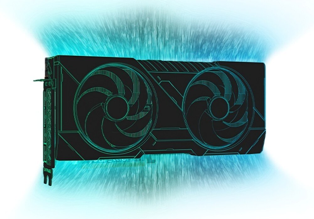 Karta graficzna SAPPHIRE Radeon RX 9060 XT OC 8GB Ilustracja karty graficznej w stylu graficznym, otoczona niebieskim efektem symbolizującym chłodzenie i przepływ powietrza, chłodzenie, wentylacja, łopatki, ciepłowody