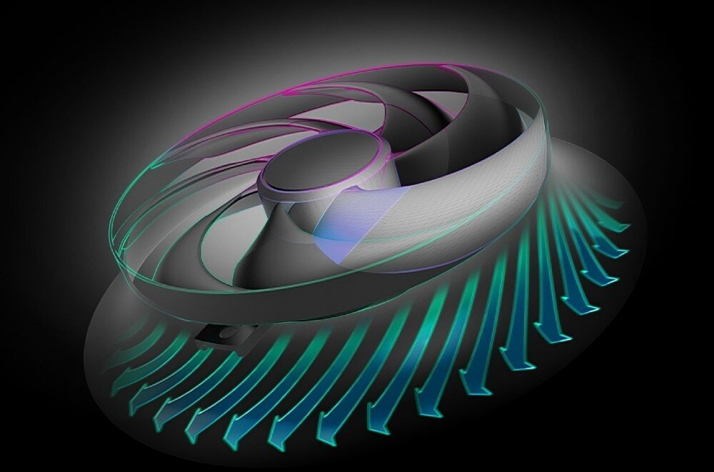 Karta graficzna SAPPHIRE Radeon RX 9060 XT OC 8GB Grafika przedstawiająca pojedynczy wentylator z przepływem powietrza zaznaczonym niebieskimi strzałkami skierowanymi ku dołowi, głośność, działanie, wentylatory