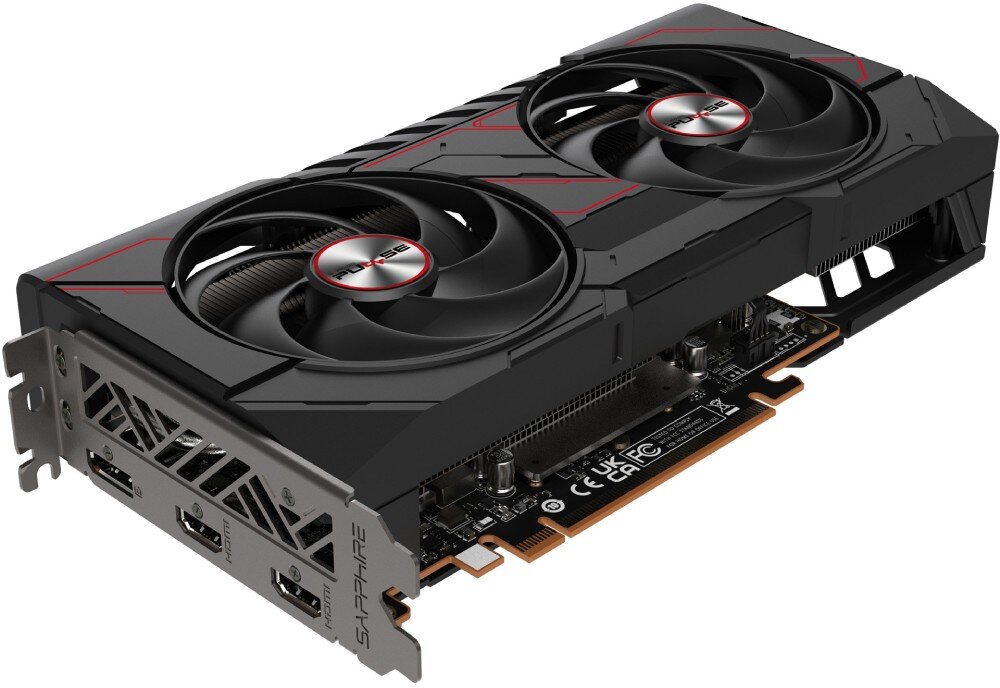 Karta graficzna SAPPHIRE Radeon RX 9060 XT OC 8GB Karta graficzna z widocznymi trzema portami wideo (dwa HDMI i jeden DisplayPort), dwoma dużymi wentylatorami i nazwą producenta na obudowie z boku, porty, złącza