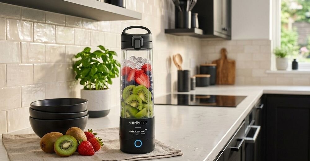 Blender personalny NUTRIBULLET Portable NBP003GO-MC stojący na blacie w kuchni