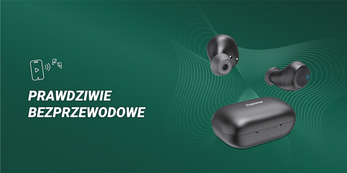 Słuchawki dokanałowe HAMA Spirit Chop II New - Dobre do codziennego użytku, Brak kabli, Lekka konstrukcja, słuchawki z etui ładującym na zielonym tle