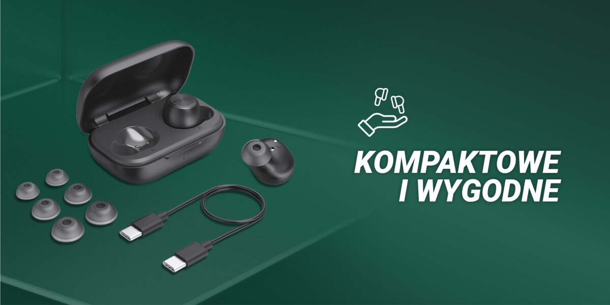 Słuchawki dokanałowe HAMA Spirit Chop II New - Skup się na dźwięku, Pasywna redukcja szumów, dopasowane nasadki, słuchawki z etui ładującym, nasadki, kabel do ładowania na zielonym tle