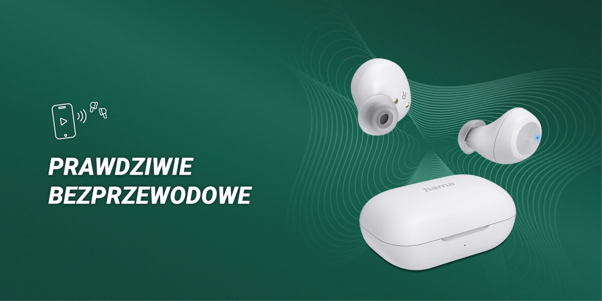 Słuchawki dokanałowe HAMA Spirit Chop II New - Dobre do codziennego użytku, Brak kabli, Lekka konstrukcja, słuchawki z etui ładującym na zielonym tle