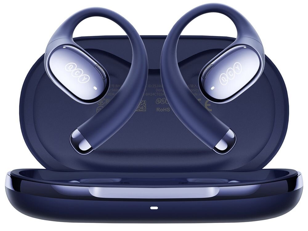 Słuchawki powietrzne QCY Crossky R70 mikrofony ANC rozmowy Bluetooth, słuchawki z etui ładującym od frontu na białym tle