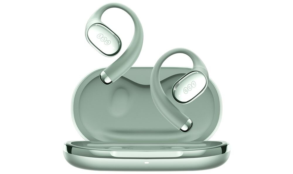 Słuchawki powietrzne QCY Crossky R70 Bluetooth True Wireless stabilna transmisja, słuchawki z etui ładującym od frontu na białym tle