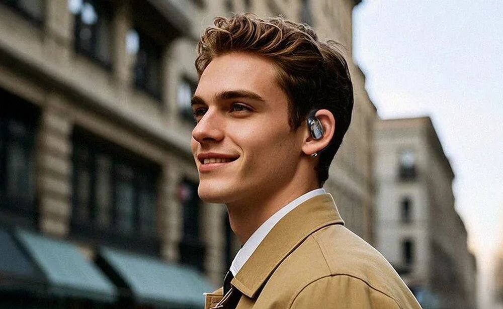 Słuchawki powietrzne QCY Crossky R70 Direct Pitch open-ear orientacja w otoczeniu, osoba z założonymi słuchawkami powietrznymi