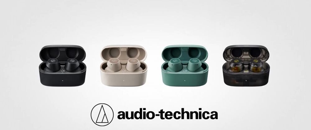 Słuchawki dokanałowe AUDIO-TECHNICA ATH-CKS30TW ANC true wireless aktywna redukcja hałasu basowe brzmienie, 4 pary słuchawek dokanałowych z etui ładującym na jasnym tle