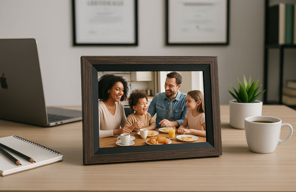 Ramka cyfrowa BLOW 10 Frameo Wi-fi Drewniana prezentacja ramki ze zdjęciem od frontu na biurku obok kubek laptop notes roślina w doniczce w tle jasna ściana z obrazami i regał z książkami