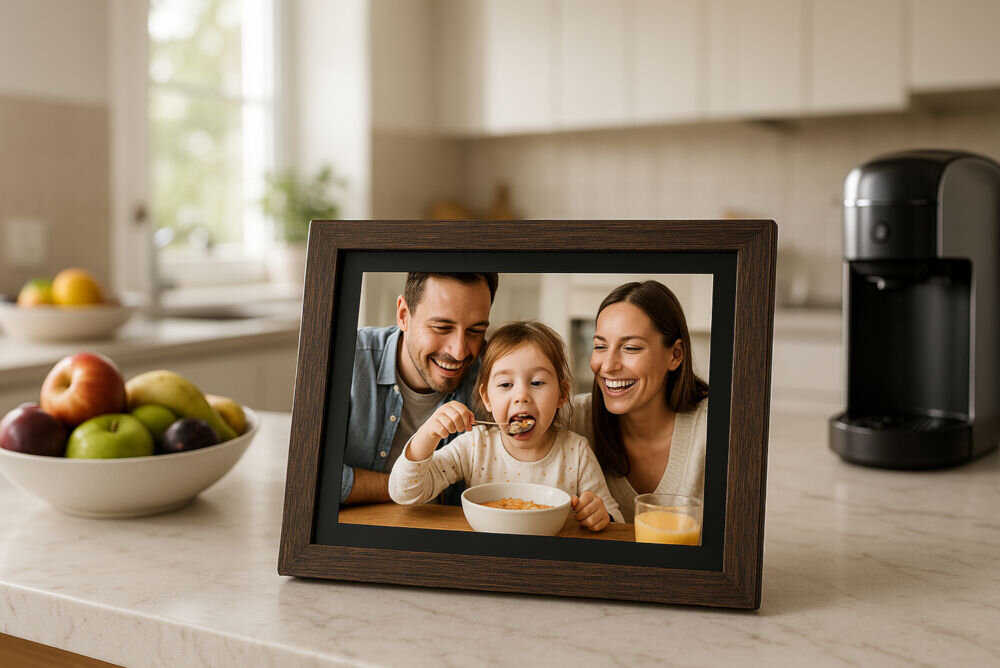 Ramka cyfrowa BLOW 10 Frameo Wi-fi Drewniana prezentacja ramki ze zdjęciem na stole w jasnej kuchni obok miska z owocami i ekspres atmosfera rozmiar rozdzielczość matryca IPS wyraźne obrazy pod kątem