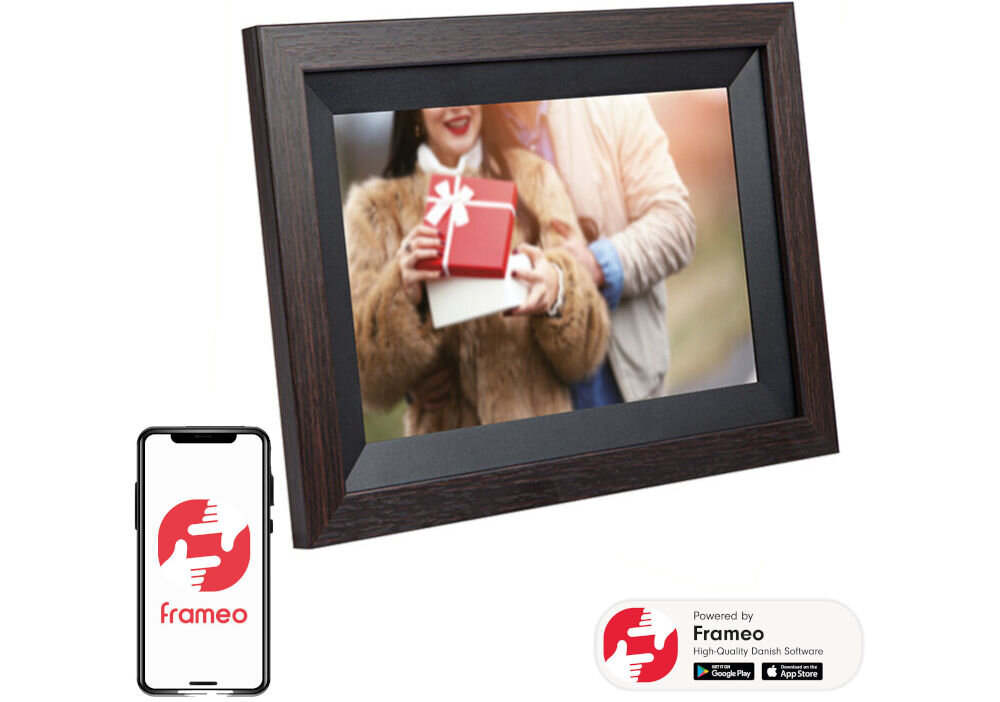 Ramka cyfrowa BLOW 10 Frameo Wi-fi Drewniana prezentacja ramki ze zdjęciem pod kątem wraz z aplikacją na telefonie białe tło darmowa aplikacja zdjęcia krótkie filmy dostęp do zdjęć