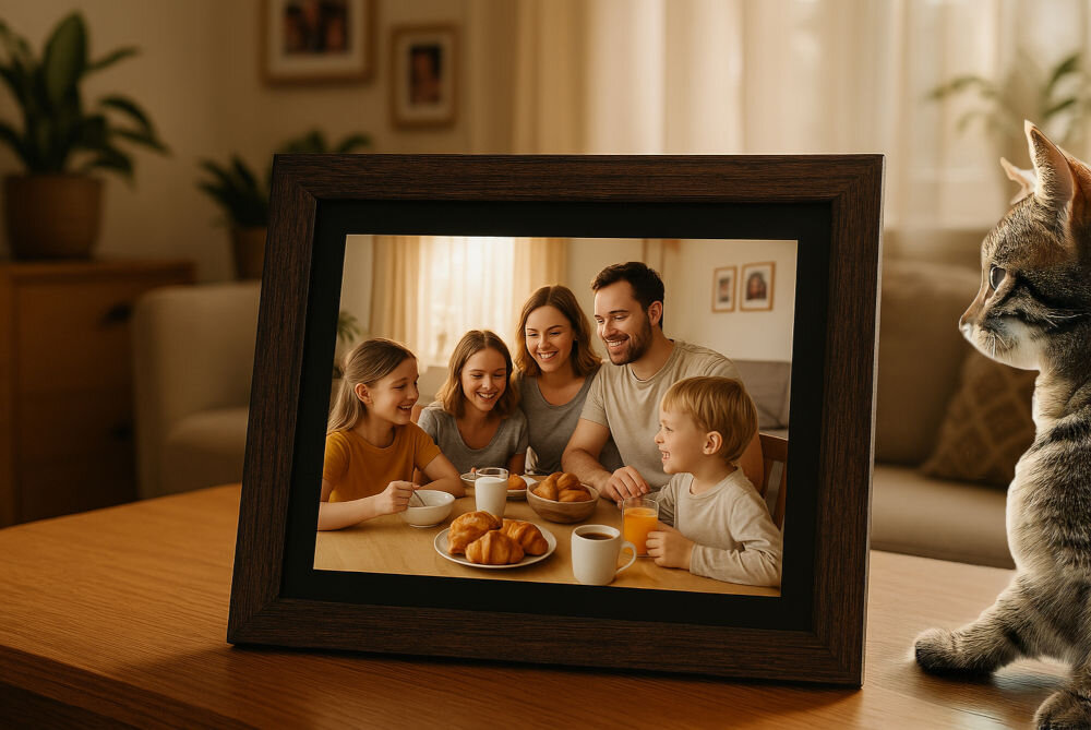 Ramka cyfrowa BLOW 10 Frameo Wi-fi Drewniana prezentacja ramki ze zdjęciem na stoliku kawowym obok kot w tle pokój dzienny podarunek prezent dla rodziców dziadków rodzeństwa przyjaciela rodziny budowanie mostu między pokoleniami nowe wspomnienia