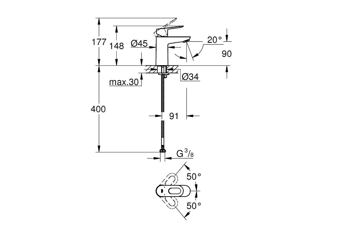 BATERIA UMYWALKOWA GROHE BAULOOP 23337000 CHROM CHROM Rysunek techniczny baterii kuchennej z oznaczonymi wymiarami, kątem obrotu oraz parametrami montażowymi Informacje techniczne wylewka 360° montaż jednootworowy GROHE Long-Life szybki montaż giętkie wężyki przyłączeniowe