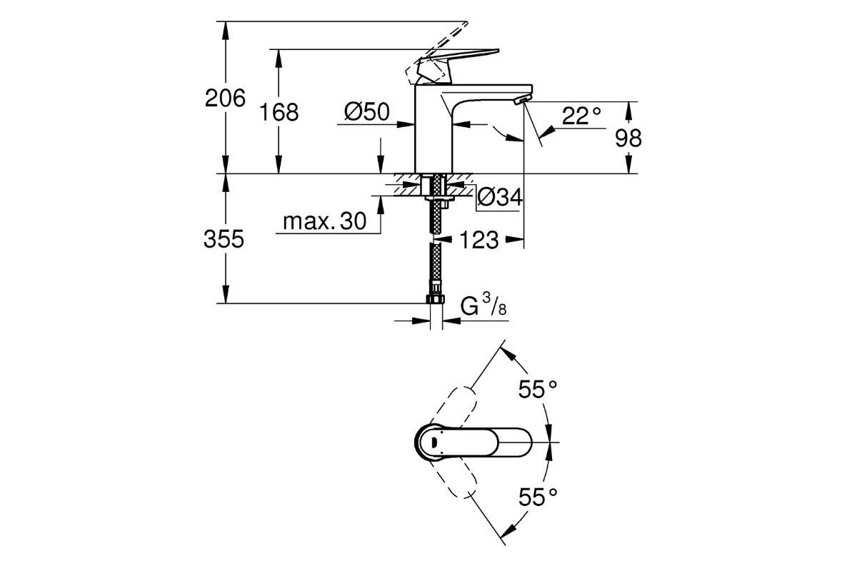 BATERIA UMYWALKOWA GROHE EUROSMART COSMOPOLITAN 23327000 CHROM Ilustracja przedstawia schemat montażowy baterii z zaznaczonymi wymiarami, średnicami otworów oraz kątem wypływu wody. Diagram pokazuje również wymagane przestrzenie instalacyjne i widoki z kilku stron czujnik podczerwieni komunikacja dwukierunkowa żywotność baterii long-life oszczędność wody polimerowy korpus automatyczne spłukiwanie programy wstępne wymiary dodatkowe informacje