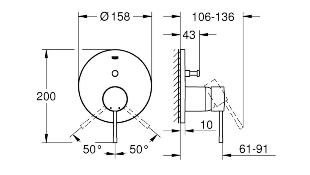 BATERIA WANNOWA PODTYNKOWA GROHE ESSENCE Na rysunku technicznym pokazano wymiary i sposób montażu elementów baterii podtynkowej. Widoczne są kąty obrotu uchwytu oraz głębokość instalacji w ścianie metalowa rozeta regulacja 6° metalowa dźwignia automatyczny przełącznik wanna prysznic przepływ 27 l/min