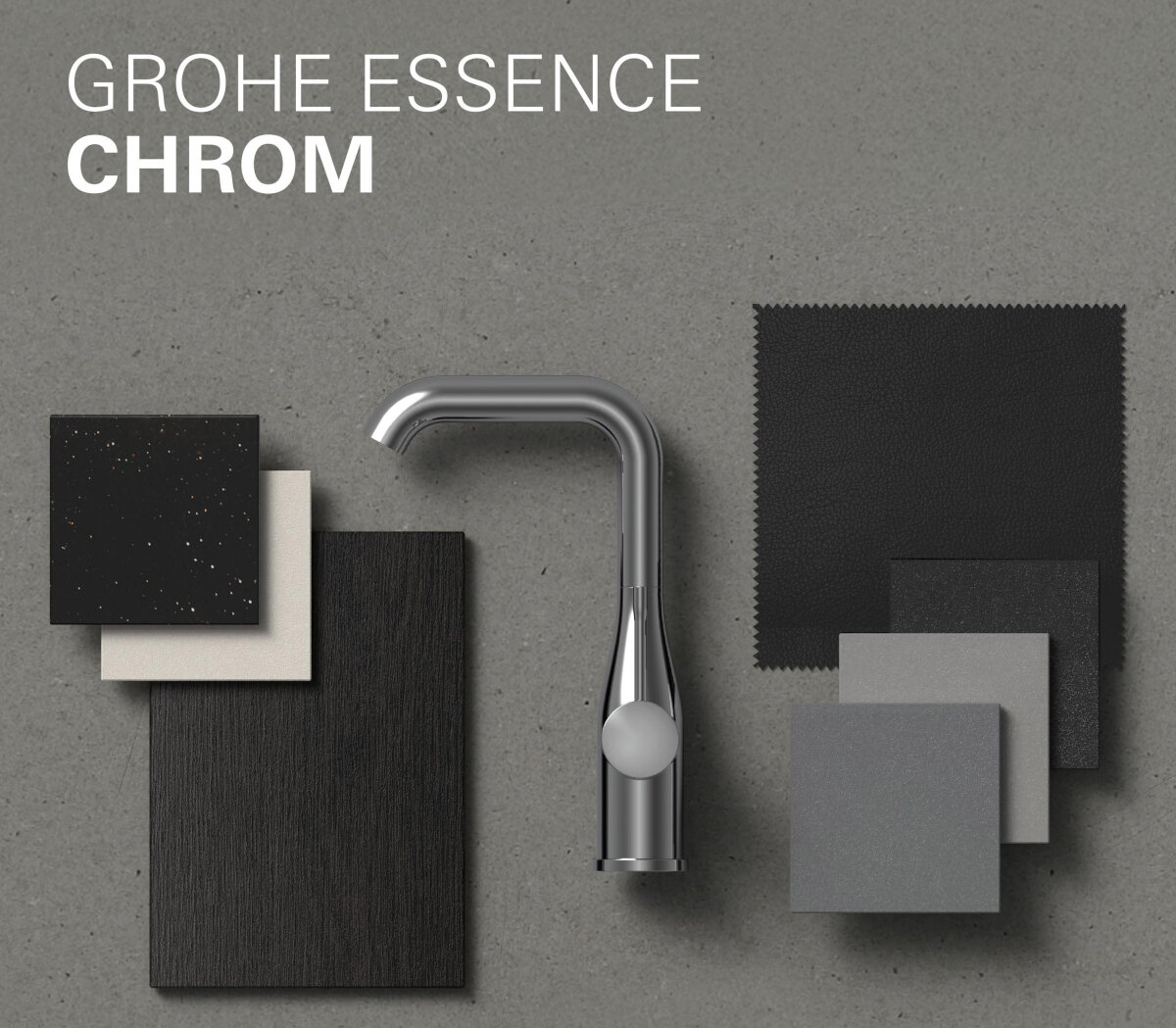 BATERIA UMYWALKOWA STOJĄCA GROHE ESSENCE STARLIGHT CHROME 23463001 Chromowana bateria z kolekcji GROHE Essence zaprezentowana obok próbek materiałów i kolorów w eleganckiej, minimalistycznej aranżacji elegancki design chrom Long-Life lustrzany blask odporność uszkodzenia łatwe czyszczenie stylowe wzornictwo