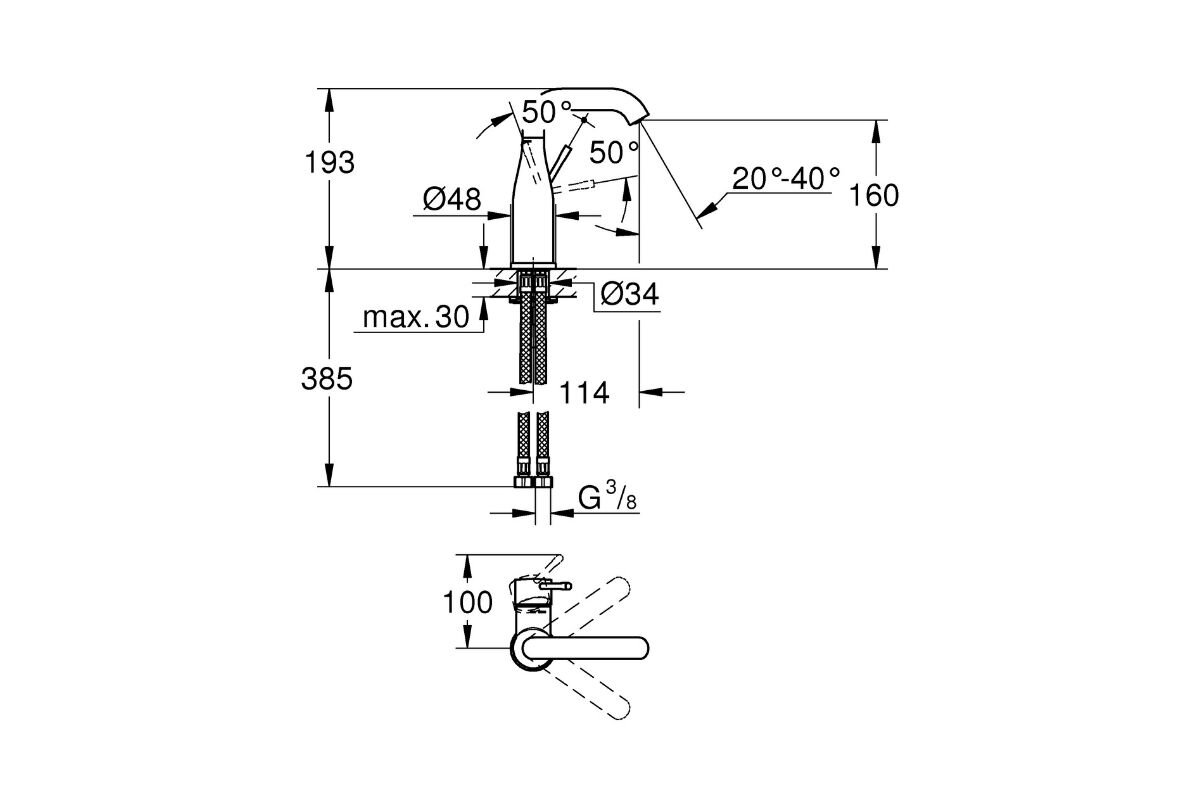 BATERIA UMYWALKOWA STOJĄCA GROHE ESSENCE STARLIGHT CHROME 23463001 Chromowana bateria z kolekcji GROHE Essence rysunek techniczny bateria umywalkowa wymiary 193 mm 160 mm Ø48 Ø34 montaż jednootworowy G3/8 obrót 50° zakres 20°–40°
