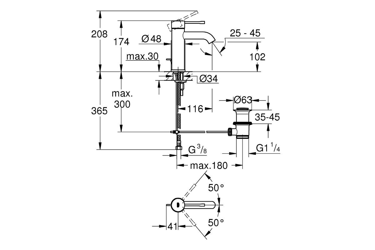 BATERIA UMYWALKOWA STOJĄCA GROHE ESSENCE STARLIGHT CHROME 23589001 Rysunek techniczny baterii umywalkowej przedstawiający szczegółowe wymiary oraz sposób montażu