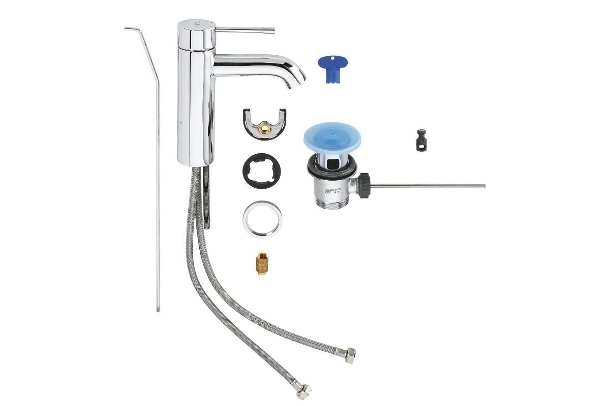 BATERIA UMYWALKOWA STOJĄCA GROHE ESSENCE STARLIGHT CHROME 23589001 Komplet baterii umywalkowej z elementami montażowymi i akcesoriami ułożonymi obok siebie zawartość zestawu elementy