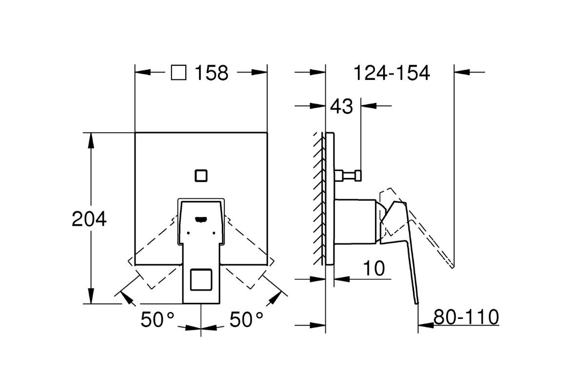 BATERIA WANNOWO-PRYSZNICOWA GROHE EUROCUBE PODTYNKOWA 24062000 CHROM Na ilustracji znajduje się techniczny rysunek z wymiarami oraz kątami montażowymi elementu podtynkowego, przedstawiony w widoku z przodu i z boku. Diagram pokazuje kluczowe wartości, takie jak wysokość 204 mm, szerokość 158 mm, głębokość montażu 124–154 mm oraz zakres odchylenia o 50° na boki podtynkowa bateria element montażowy ceramiczna rozeta mosiądz Wykończenie przepływy