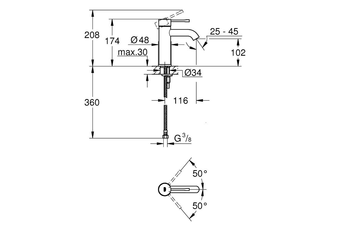 BATERIA UMYWALKOWA GROHE ESSENCE STOJĄCA 23590001 CHROM Rysunek techniczny przedstawia wymiary oraz zakres pracy baterii stojącej, pokazanej w widoku z boku i z góry. Zawiera informacje o wysokości montażu, kątach obrotu oraz średnicach elementów instalacyjnych