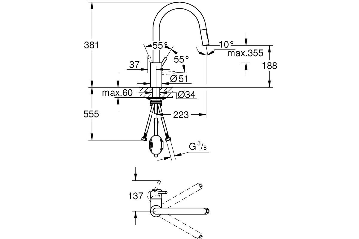 BATERIA KUCHENNA GROHE CONCETTO 31483002 CHROM Rysunek techniczny baterii kuchennej z oznaczonymi wymiarami, kątem obrotu oraz parametrami montażowymi Informacje techniczne wylewka 360° montaż jednootworowy GROHE Long-Life SilkMove 35 mm EasyDock wyciągana strumień laminarny prysznic SpeedClean ogranicznik przepływu zawór zwrotny giętkie węże metalowy montaż 9,5 l/min
