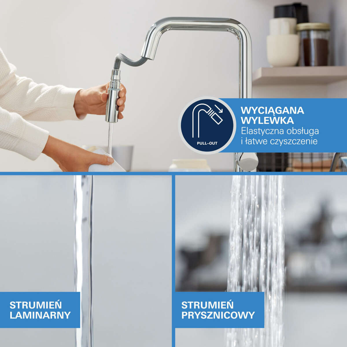 BATERIA KUCHENNA GROHE MINTA 32322002 CHROM Osoba korzysta z wyciąganej wylewki baterii kuchennej, a poniżej pokazano strumień laminarny i prysznicowy wylewka 360° wyciągana końcówka EasyDock dwa rodzaje strumienia klasyczny prysznicowy