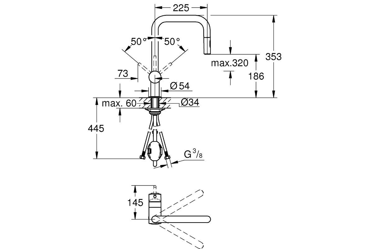 BATERIA KUCHENNA GROHE MINTA 32322002 Rysunek techniczny baterii kuchennej przedstawiający jej wymiary, zakres obrotu wylewki oraz parametry montażowe Informacje techniczne wylewka GROHE montaż jednootworowy SilkMove EasyDock wyciągana strumień SpeedClean obrotowa 360° zawór zwrotny kolor chrom