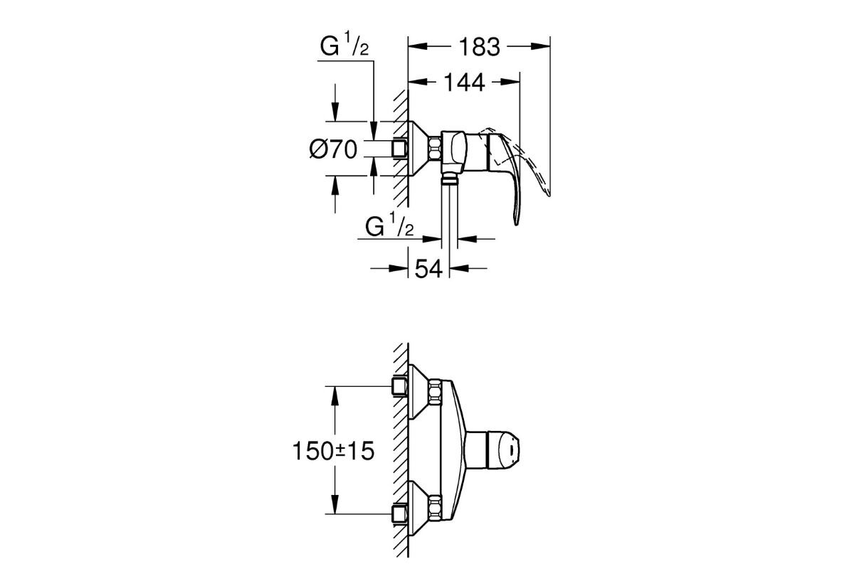 BATERIA PRYSZNICOWA ŚCIENNA GROHE EUROSMART STARLIGHT CHROME 33555002 CHROM Rysunek techniczny baterii ściennej przedstawiający jej wymiary, rozstaw przyłączy i sposób montażu