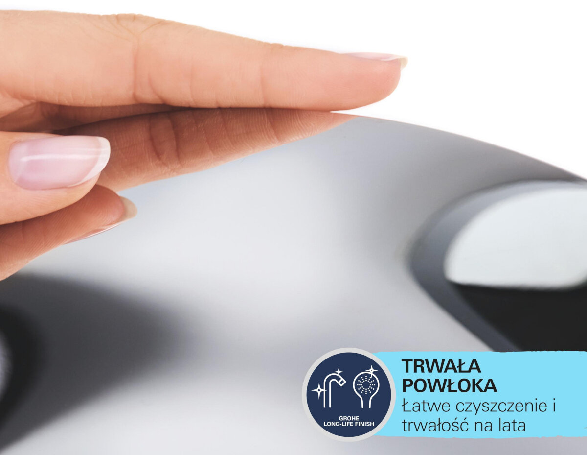 BATERIA WANNOWO-PRYSZNICOWA GROHE GROHTHERM 800 ŚCIENNA 34567000 Zbliżenie na trwałą, łatwą w czyszczeniu powłokę baterii prezentowaną poprzez dotyk dłoni elegancka chromowana gładka trwała łatwa wygląd odporna na uszkodzenia