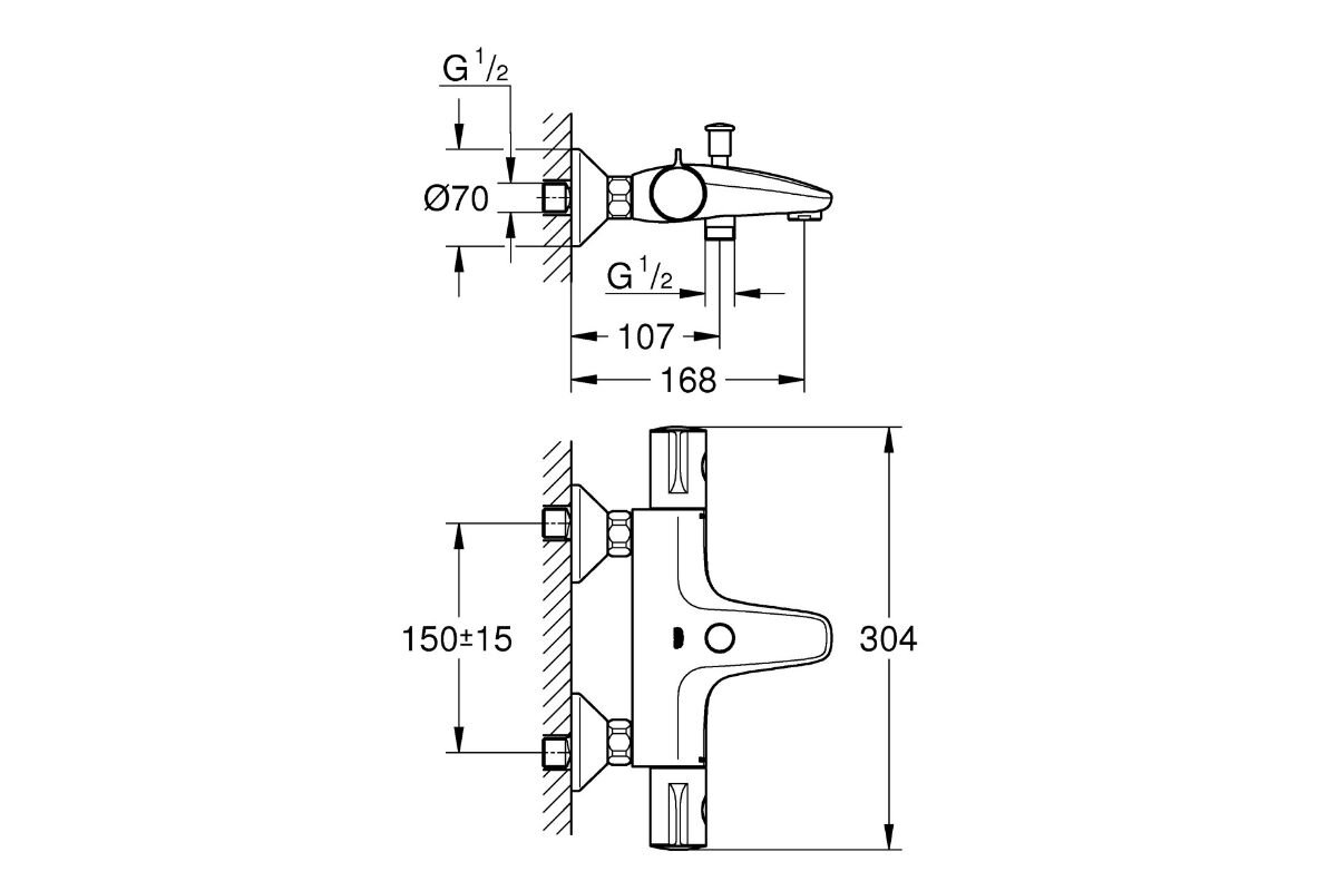 BATERIA WANNOWO-PRYSZNICOWA GROHE GROHTHERM 800 ŚCIENNA 34567000 Rysunek techniczny baterii wannowej prezentujący szczegółowe wymiary, rozstaw przyłączy oraz sposób montażu ściennego