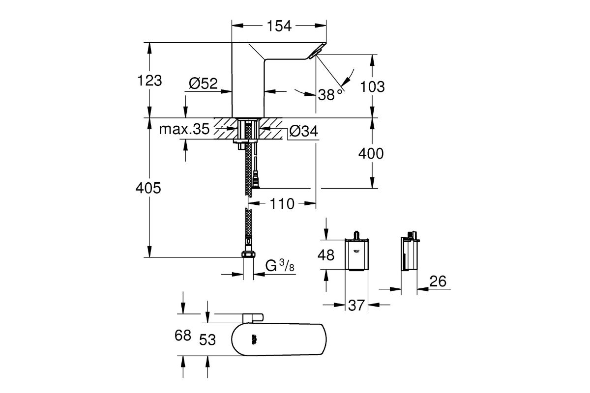 BATERIA UMYWALKOWA GROHE BAU COSMOPOLITAN E ELEKTRONICZNA 36451000 CHROM Ilustracja przedstawia schemat montażowy baterii z zaznaczonymi wymiarami, średnicami otworów oraz kątem wypływu wody. Diagram pokazuje również wymagane przestrzenie instalacyjne i widoki z kilku stron czujnik podczerwieni komunikacja dwukierunkowa żywotność baterii long-life oszczędność wody polimerowy korpus automatyczne spłukiwanie programy wstępne wymiary dodatkowe informacje